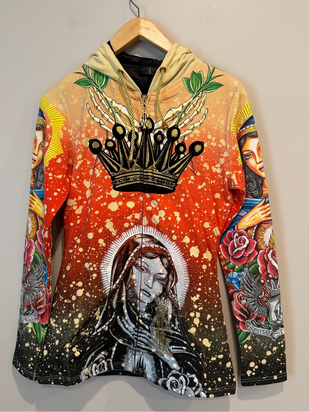 Christian Audigier Vir Audigier All Over Print Virgin Mary Crown Zip Hoodie NWOT